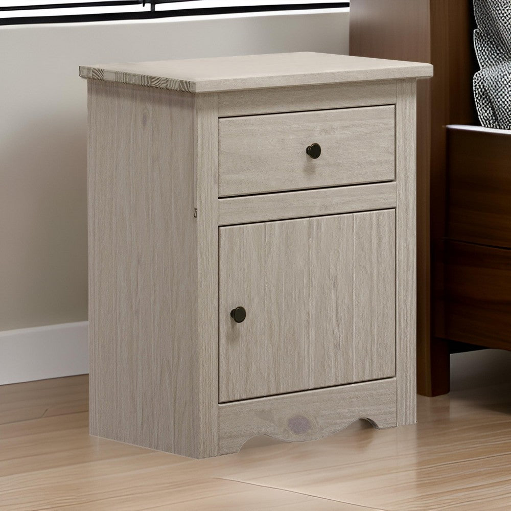 Benjara Stav Nightstand, 1 Drawer And Door, 25 Inch, Plank Style, White Solid Wood