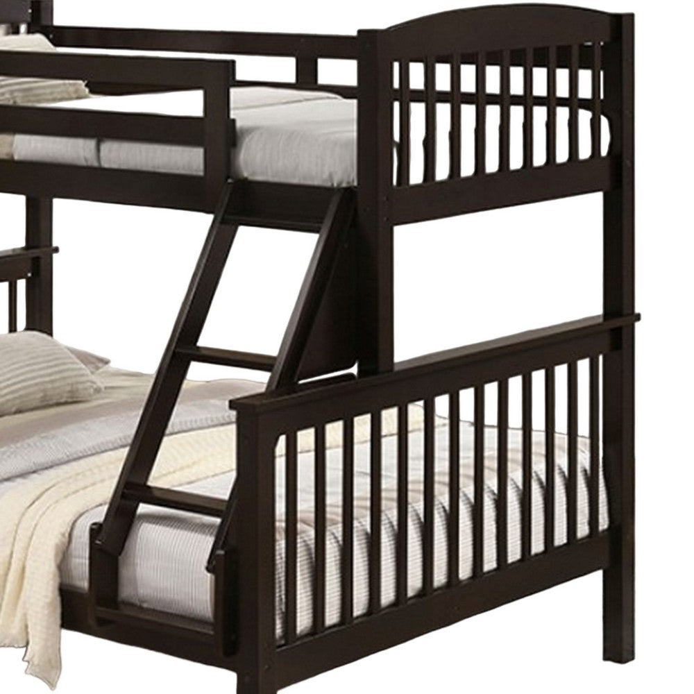 Benjara Bruke Twin/Full Size Bunk Bed with Ladder, Slatted Brown Solid Hardwood