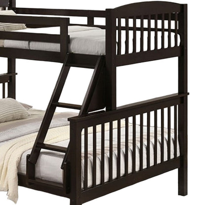 Benjara Bruke Twin/Full Size Bunk Bed with Ladder, Slatted Brown Solid Hardwood