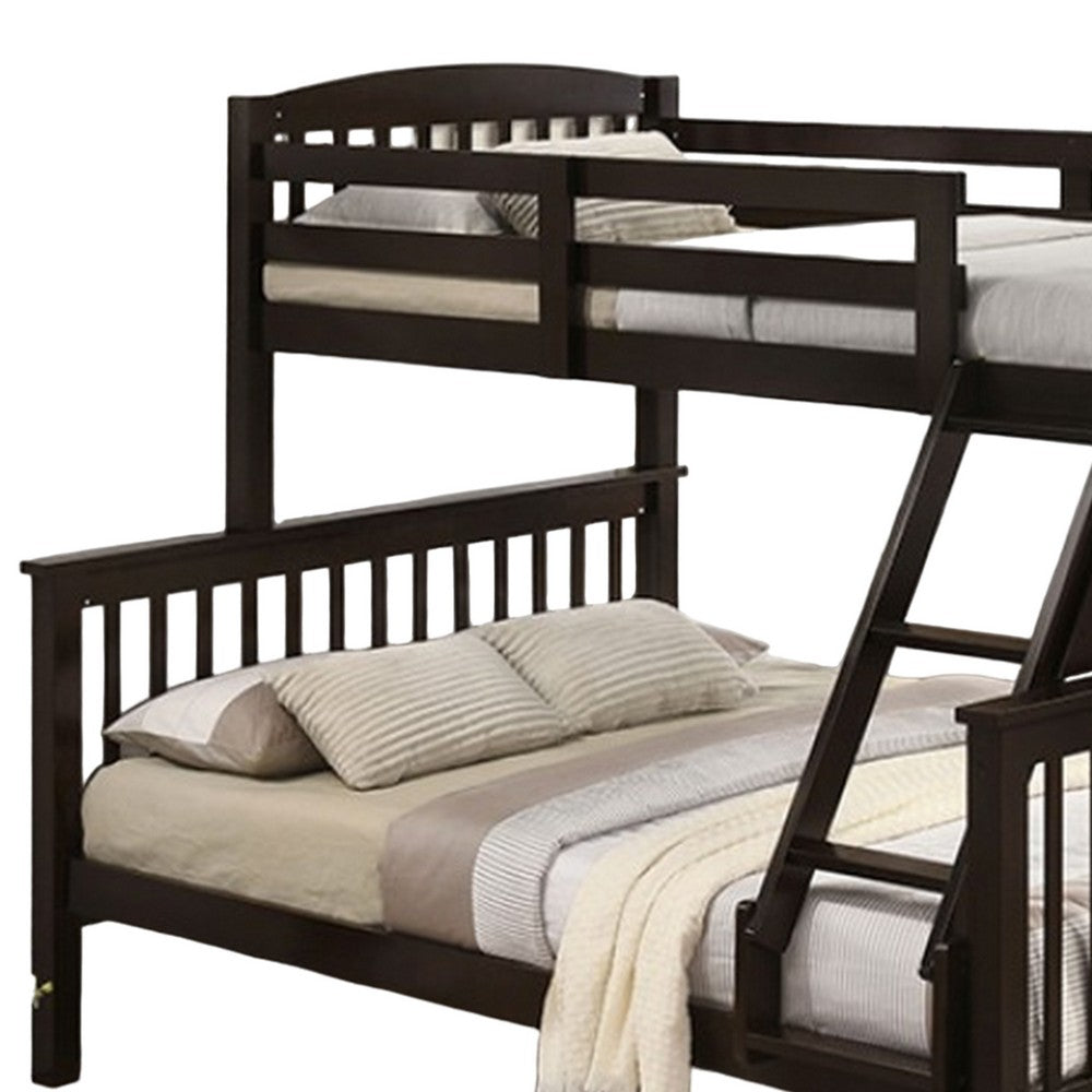Benjara Bruke Twin/Full Size Bunk Bed with Ladder, Slatted Brown Solid Hardwood