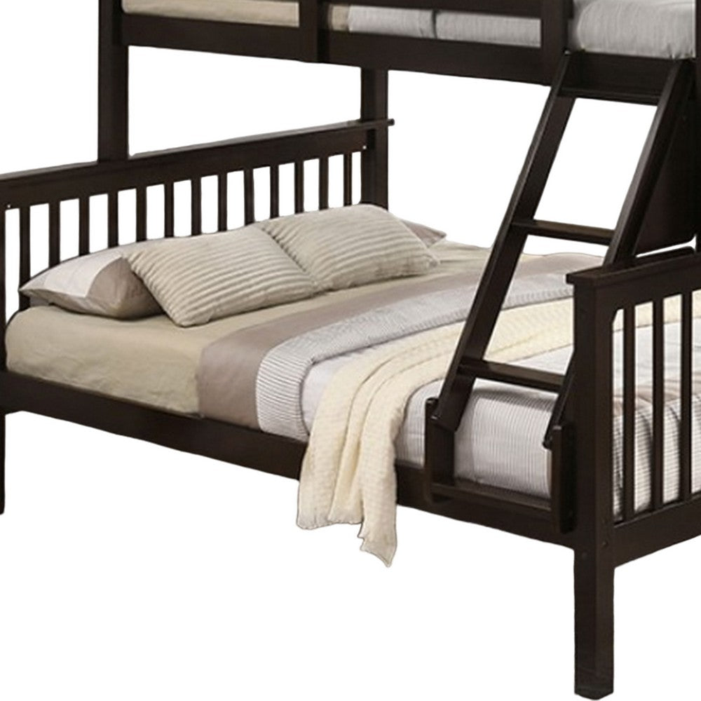 Benjara Bruke Twin/Full Size Bunk Bed with Ladder, Slatted Brown Solid Hardwood