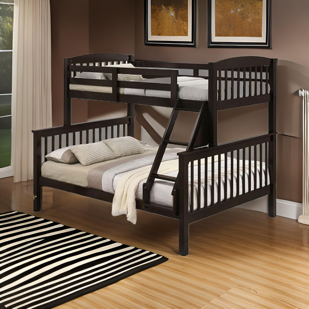 Benjara Bruke Twin/Full Size Bunk Bed with Ladder, Slatted Brown Solid Hardwood