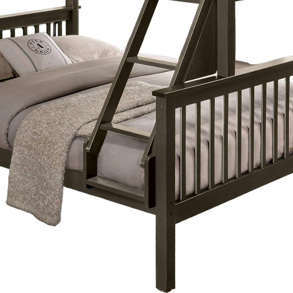 Benjara Bruke Twin/Full Size Bunk Bed with Ladder, Slatted Gray Solid Hardwood