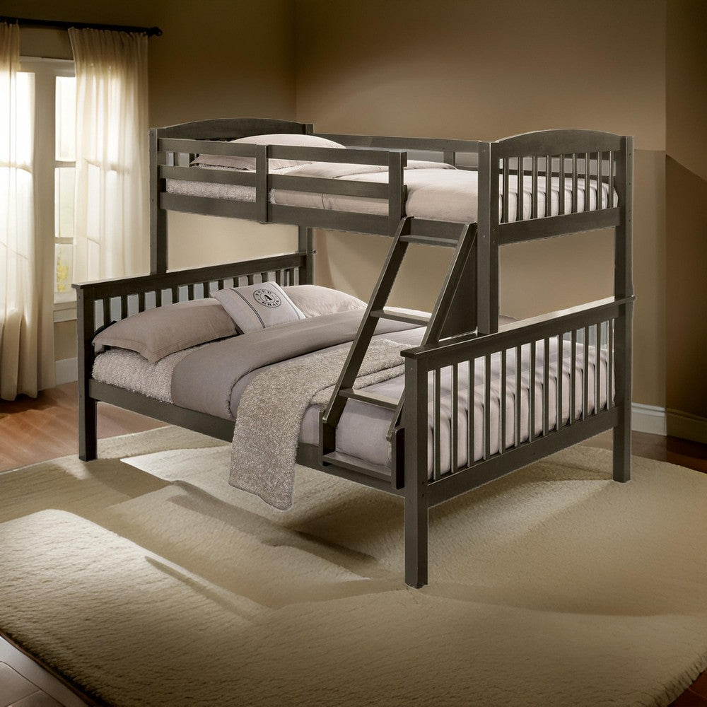 Benjara Bruke Twin/Full Size Bunk Bed with Ladder, Slatted Gray Solid Hardwood