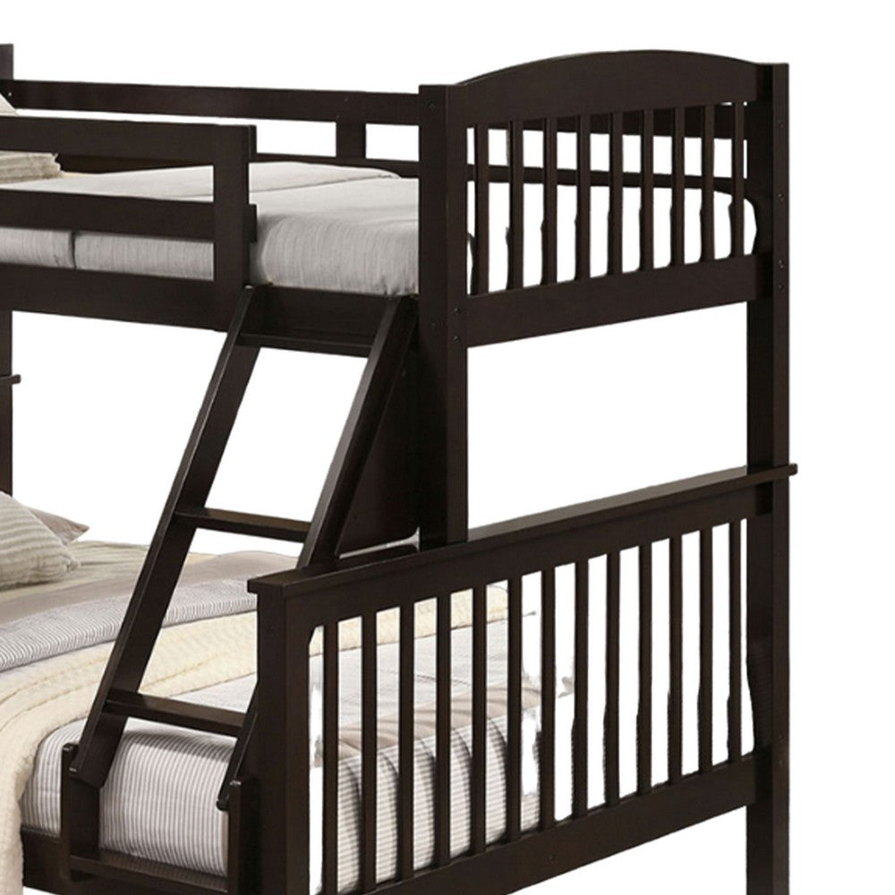 Benjara Bruke Twin/Full Bunk Bed with Ladder, Slatted Cherry Brown Solid Hardwood