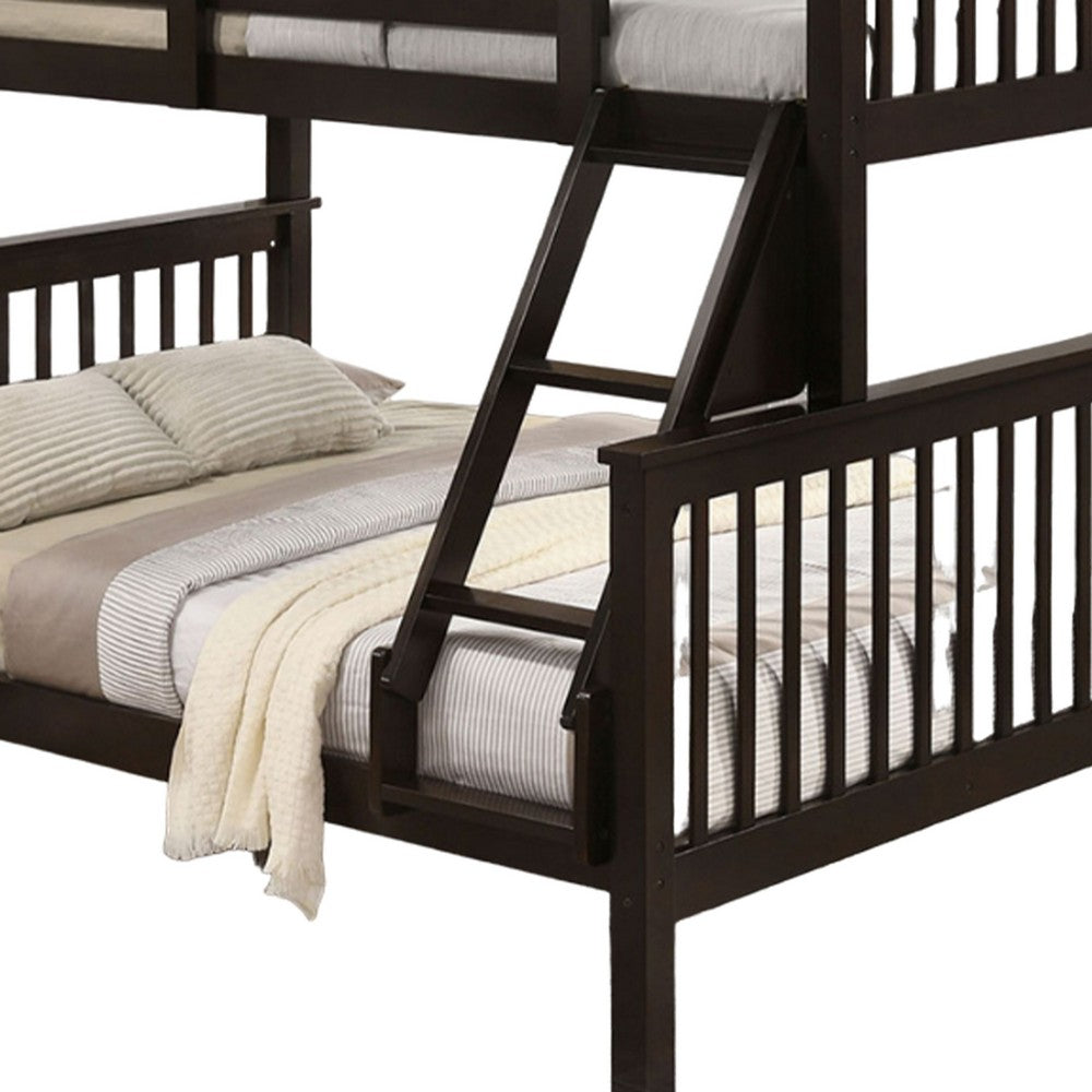 Benjara Bruke Twin/Full Bunk Bed with Ladder, Slatted Cherry Brown Solid Hardwood