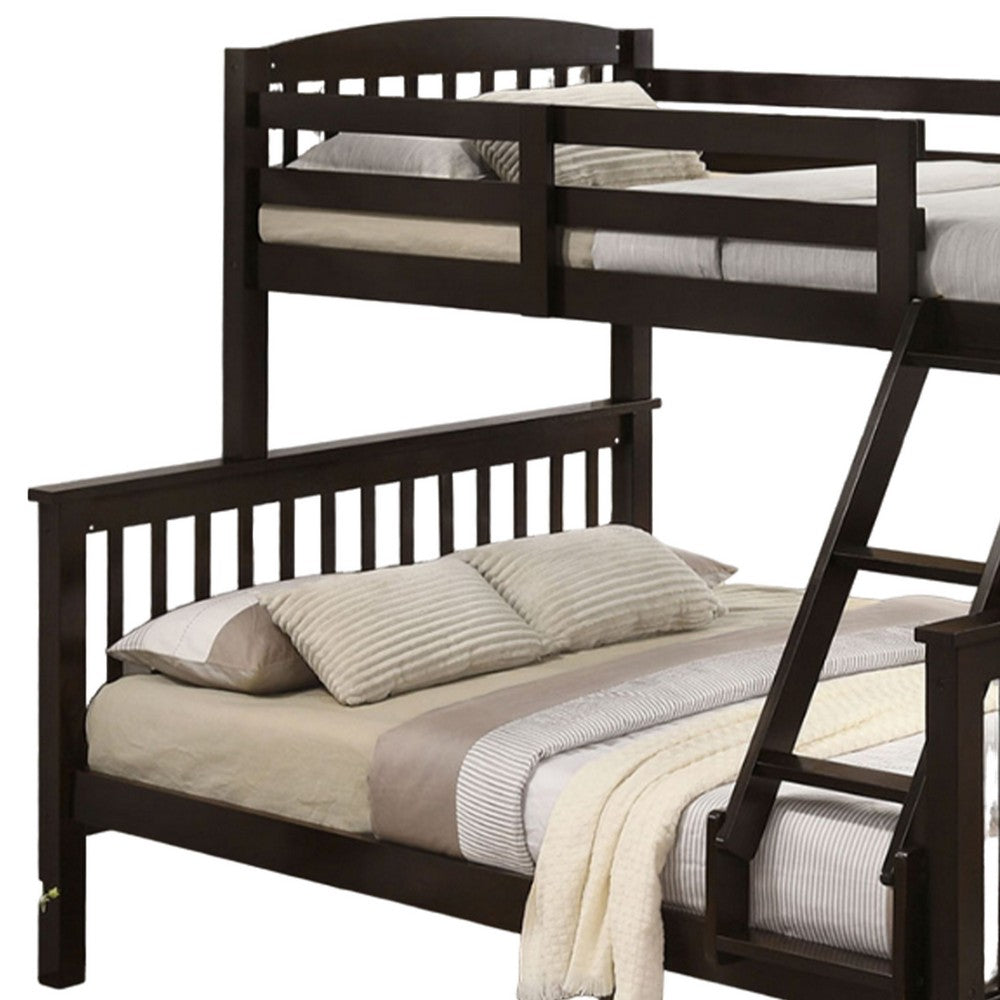 Benjara Bruke Twin/Full Bunk Bed with Ladder, Slatted Cherry Brown Solid Hardwood
