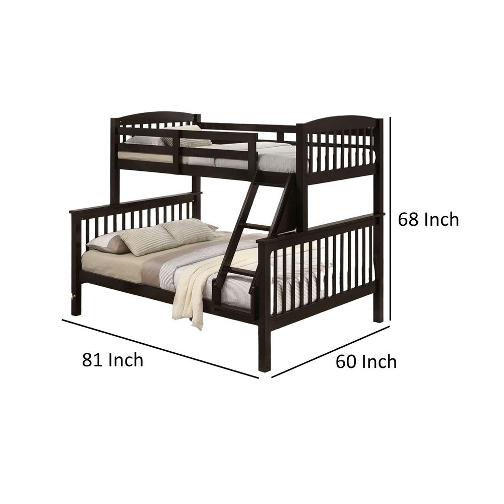Benjara Bruke Twin/Full Bunk Bed with Ladder, Slatted Cherry Brown Solid Hardwood