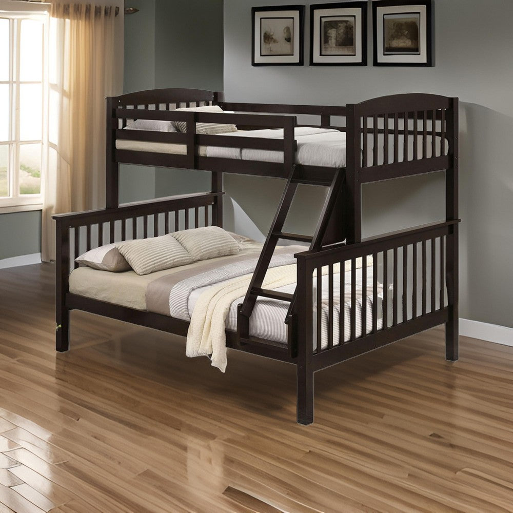 Benjara Bruke Twin/Full Bunk Bed with Ladder, Slatted Cherry Brown Solid Hardwood