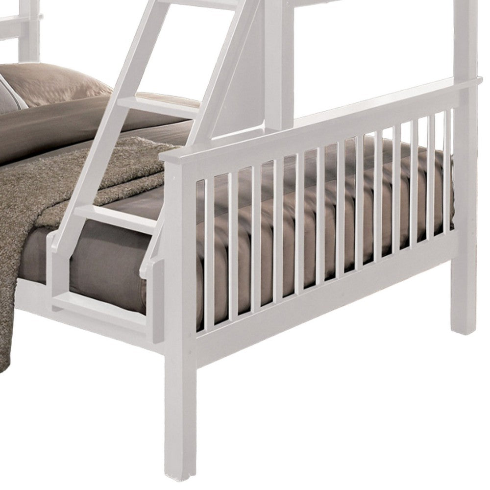 Benjara Bruke Twin/Full Size Bunk Bed with Ladder, Slatted White Solid Hardwood