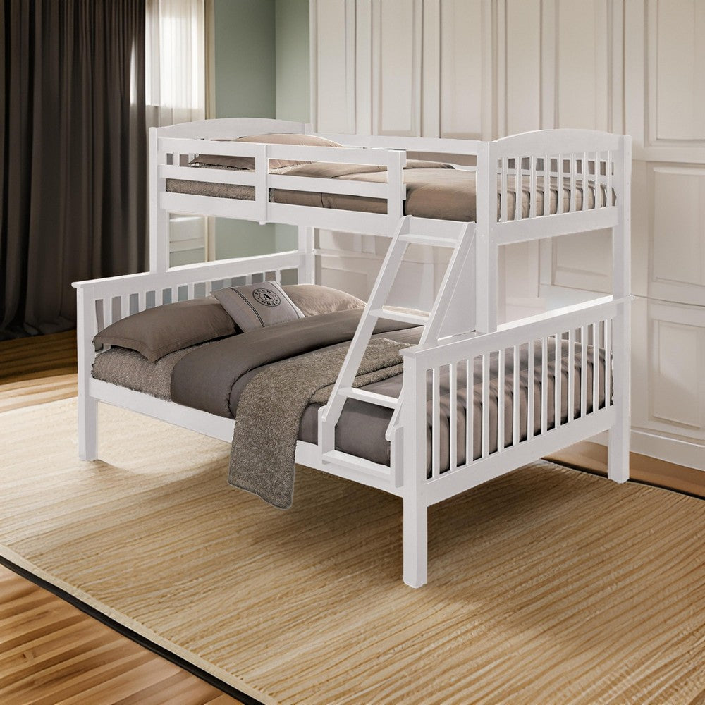 Benjara Bruke Twin/Full Size Bunk Bed with Ladder, Slatted White Solid Hardwood