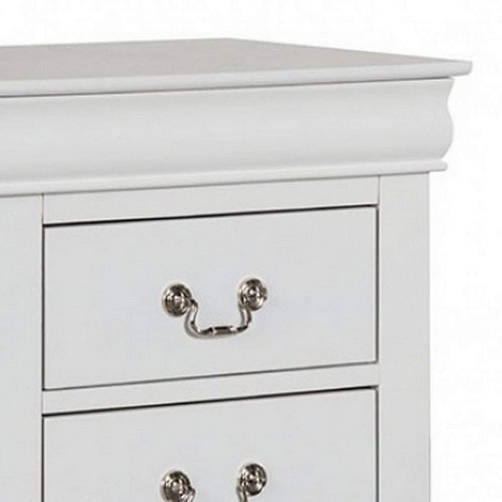 Benjara Ryla Nightstand, 2 Drawers, Classic White Solid Wood, Nickel Metal Handles