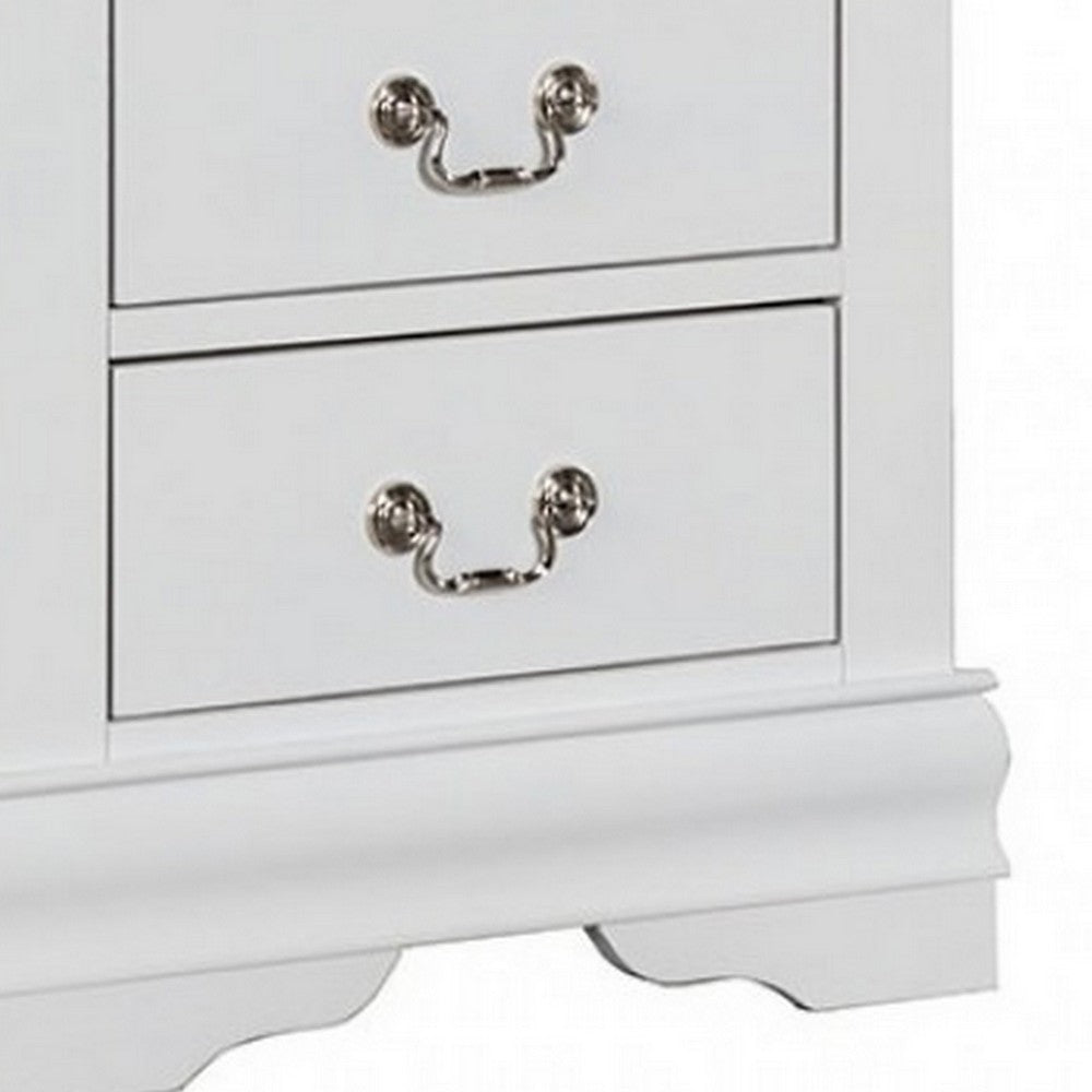 Benjara Ryla Nightstand, 2 Drawers, Classic White Solid Wood, Nickel Metal Handles