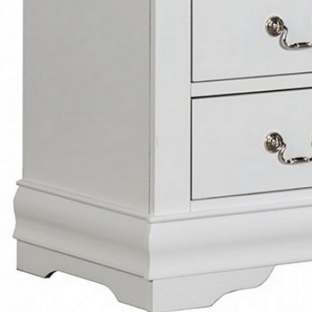 Benjara Ryla Nightstand, 2 Drawers, Classic White Solid Wood, Nickel Metal Handles
