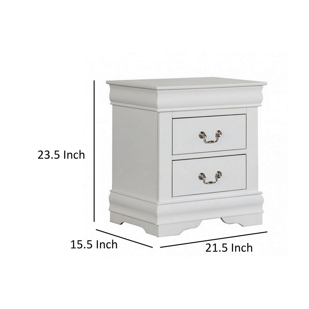 Benjara Ryla Nightstand, 2 Drawers, Classic White Solid Wood, Nickel Metal Handles