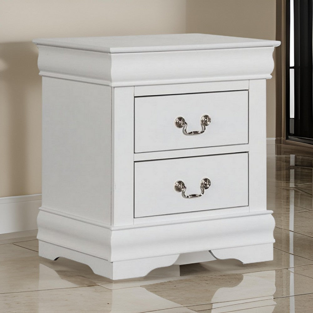 Benjara Ryla Nightstand, 2 Drawers, Classic White Solid Wood, Nickel Metal Handles