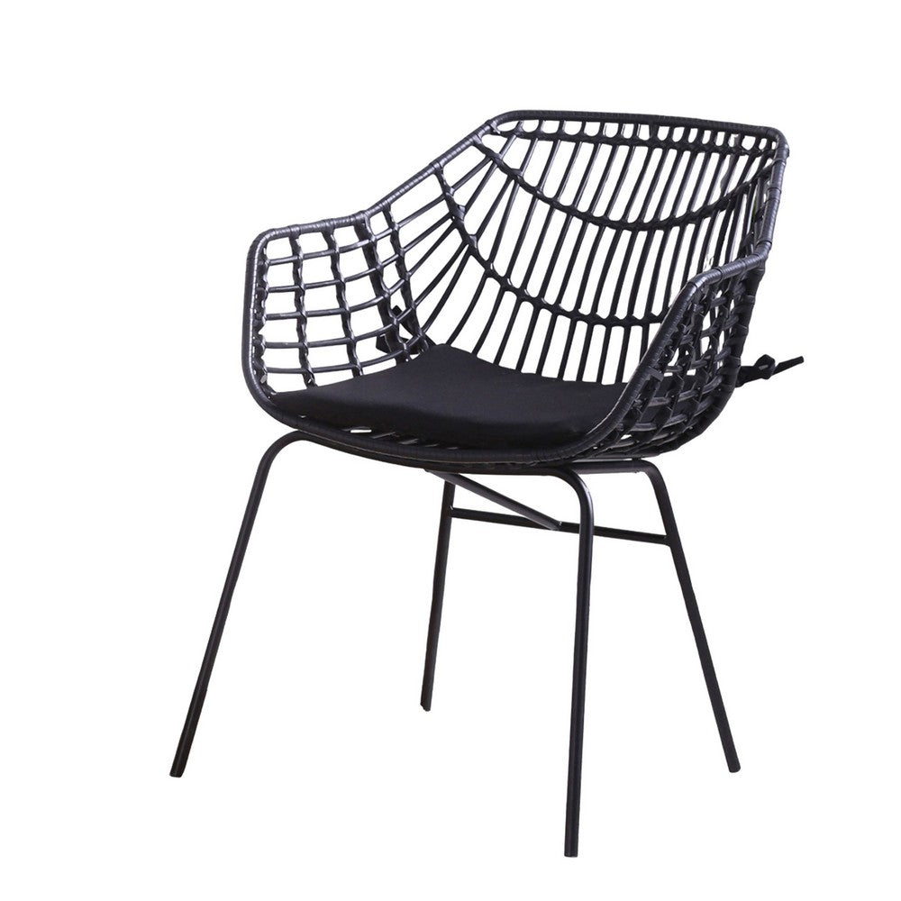 Benjara Niya Patio Chair Set of 2, Polyester, Black Steel, Outdoor Rattan Wicker