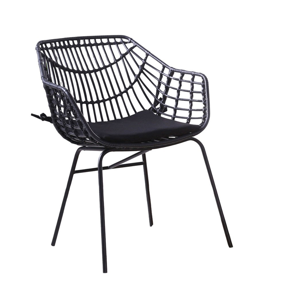 Benjara Niya Patio Chair Set of 2, Polyester, Black Steel, Outdoor Rattan Wicker