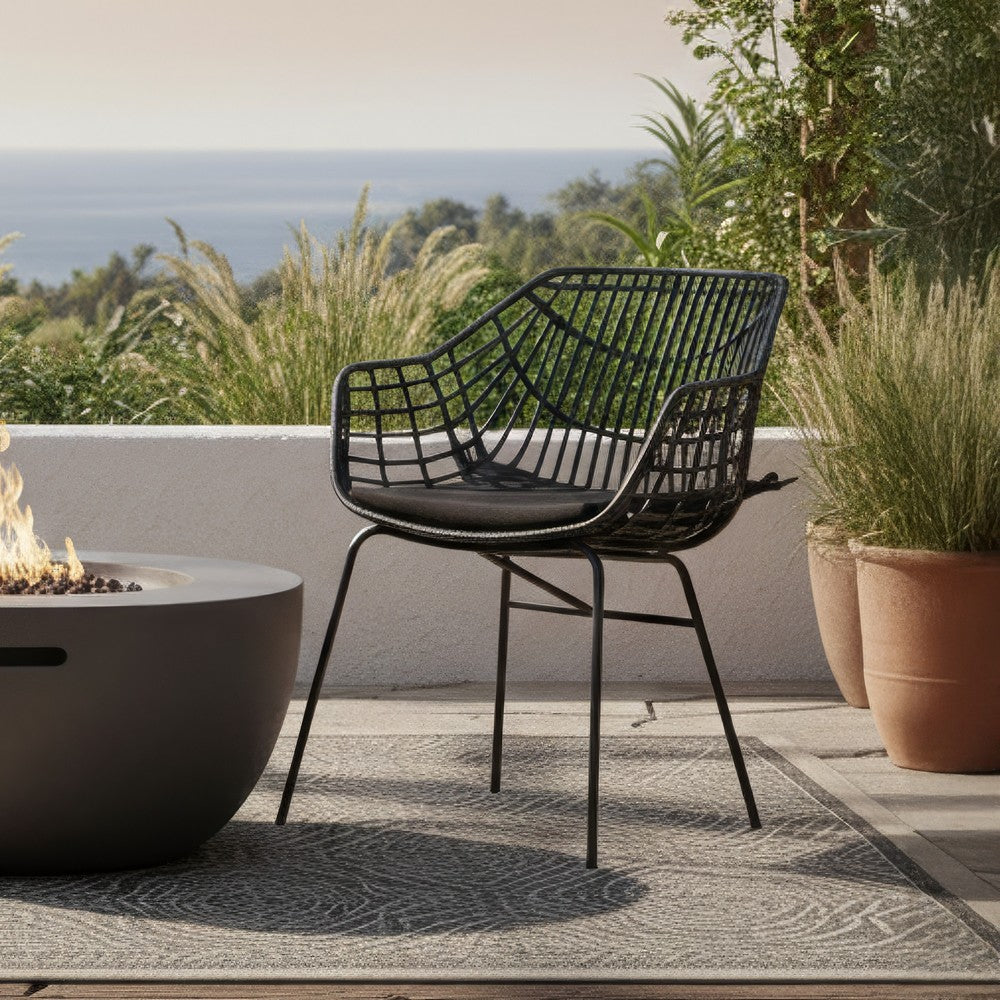 Benjara Niya Patio Chair Set of 2, Polyester, Black Steel, Outdoor Rattan Wicker