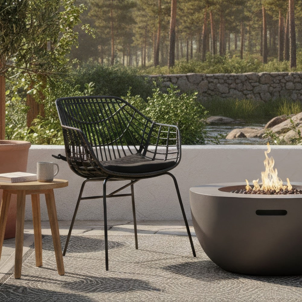 Benjara Niya Patio Chair Set of 2, Polyester, Black Steel, Outdoor Rattan Wicker