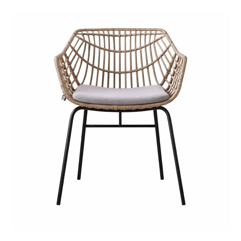 Benjara Niya Patio Chair Set of 2, Black Steel, Gray, Brown Outdoor Rattan Wicker