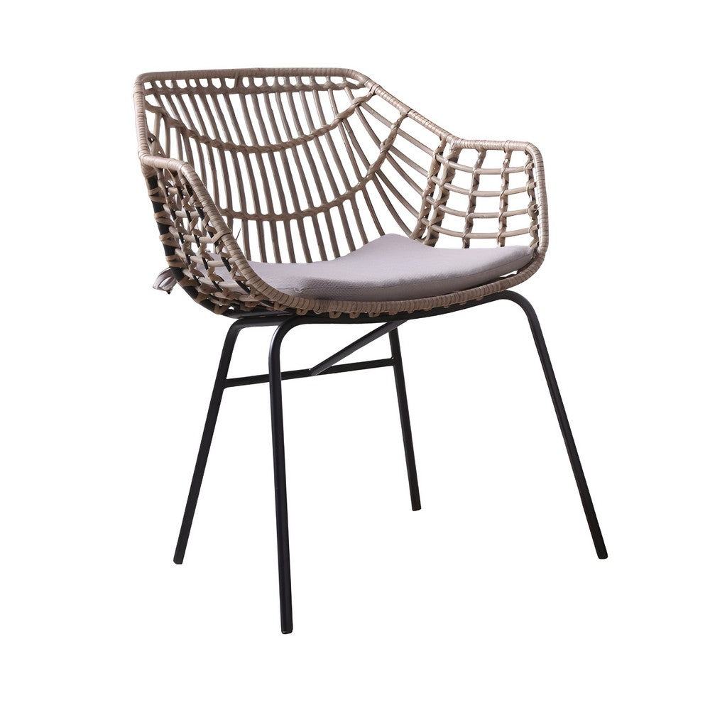 Benjara Niya Patio Chair Set of 2, Black Steel, Gray, Brown Outdoor Rattan Wicker