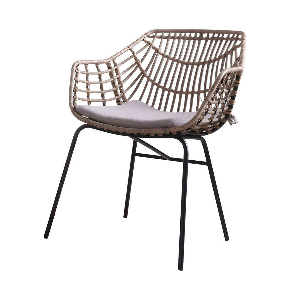 Benjara Niya Patio Chair Set of 2, Black Steel, Gray, Brown Outdoor Rattan Wicker