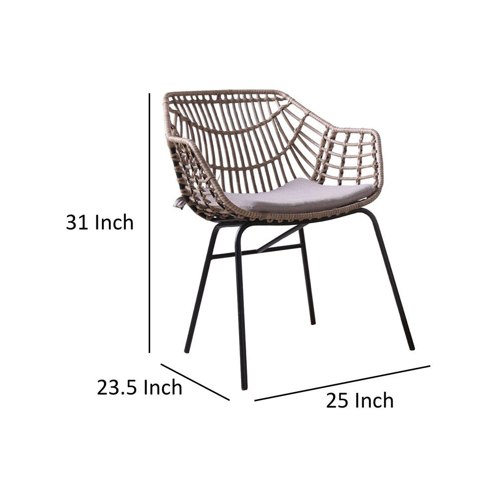 Benjara Niya Patio Chair Set of 2, Black Steel, Gray, Brown Outdoor Rattan Wicker