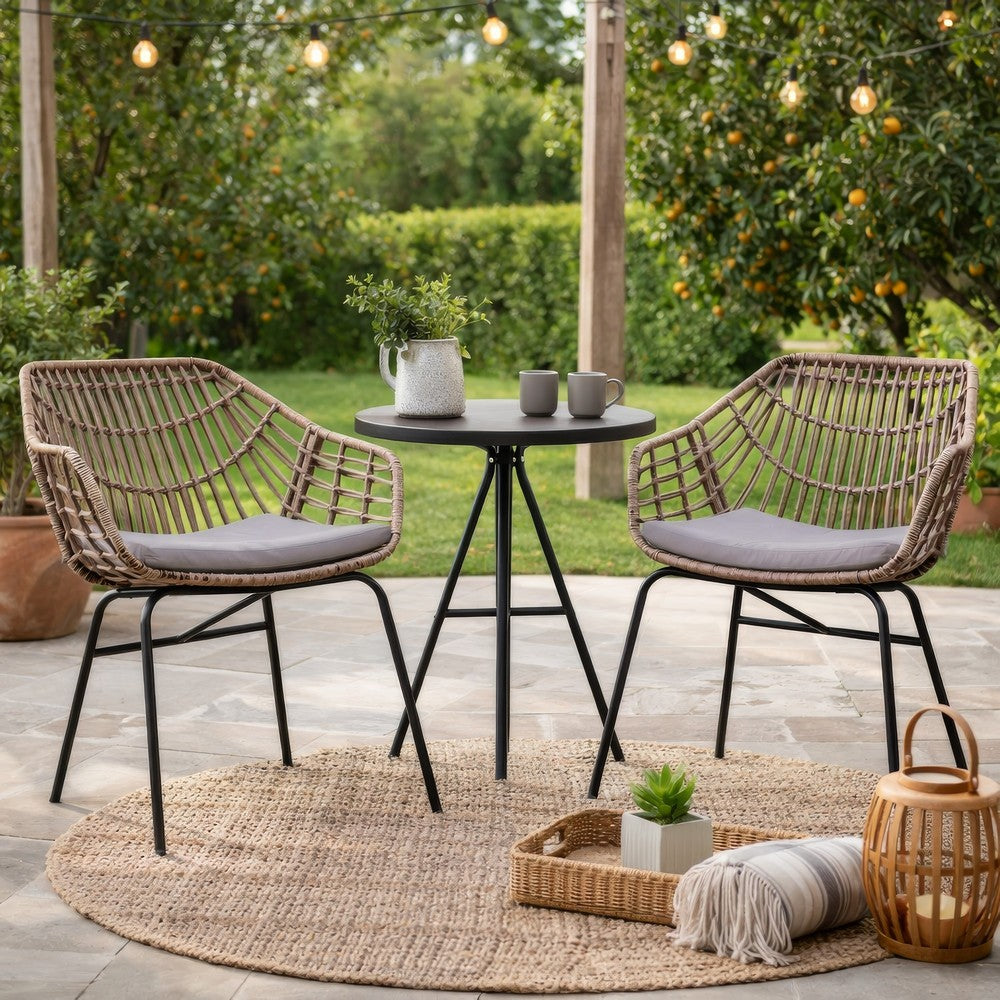Benjara Niya Patio Chair Set of 2, Black Steel, Gray, Brown Outdoor Rattan Wicker