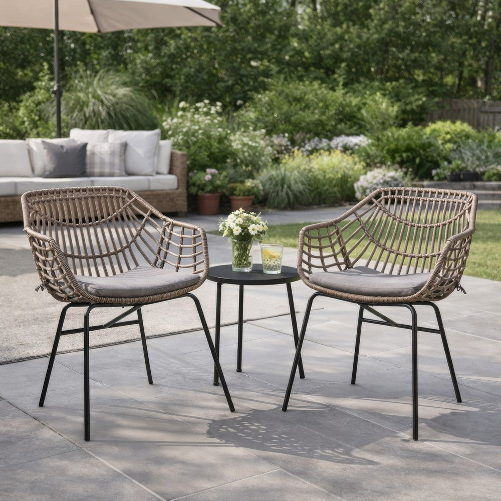 Benjara Niya Patio Chair Set of 2, Black Steel, Gray, Brown Outdoor Rattan Wicker