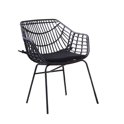 Benjara Zyan 3pc Outdoor Set, 2 Accent Chairs with Table, Black Steel, Brown Rattan