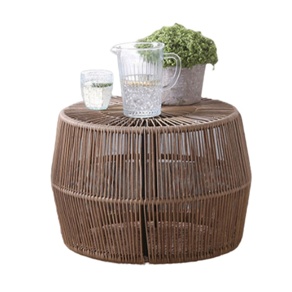 Benjara Zyan 3pc Outdoor Set, 2 Accent Chairs with Table, Black Steel, Brown Rattan