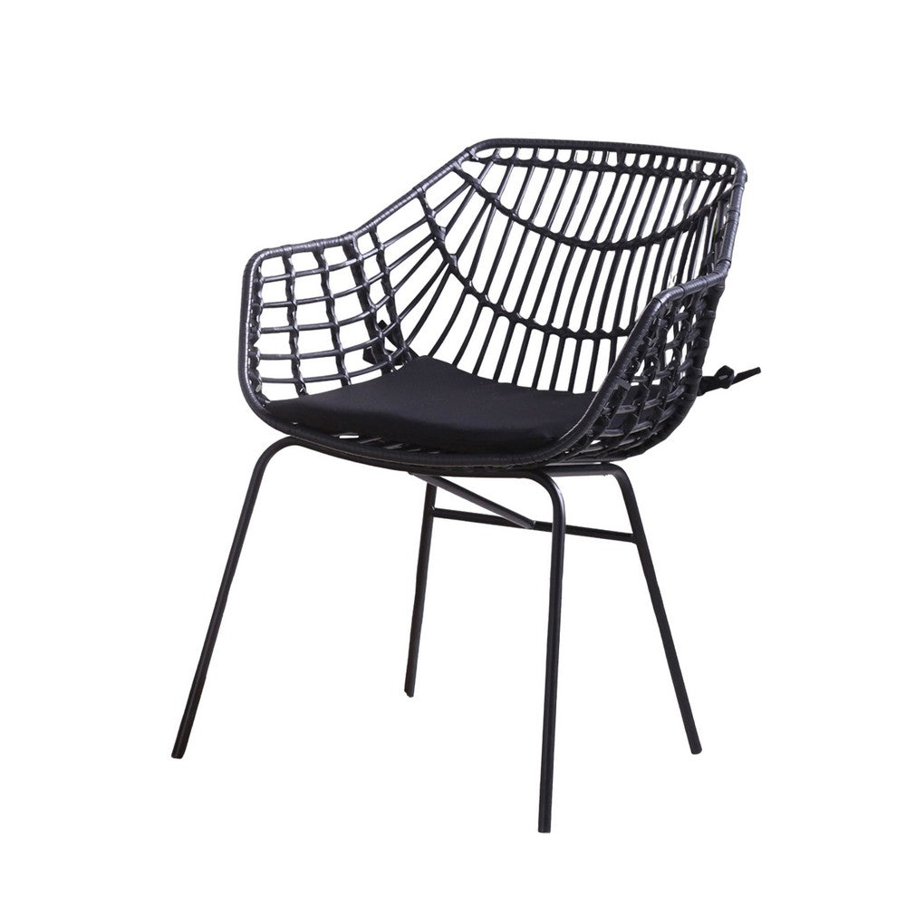 Benjara Zyan 3pc Outdoor Set, 2 Accent Chairs with Table, Black Steel, Brown Rattan