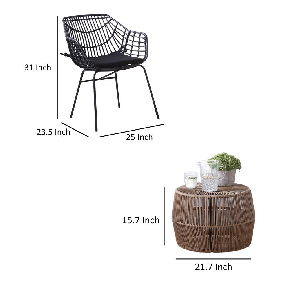 Benjara Zyan 3pc Outdoor Set, 2 Accent Chairs with Table, Black Steel, Brown Rattan