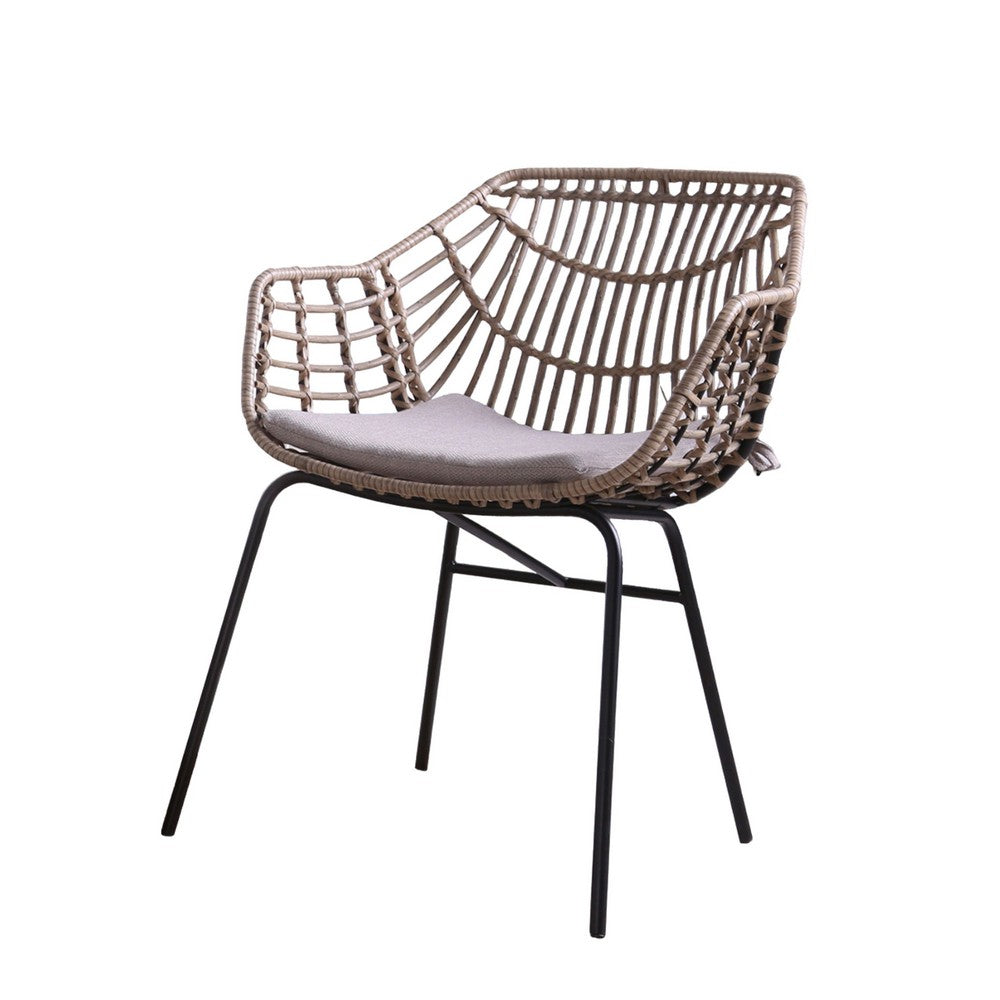 Benjara Zyan 3pc Outdoor Set, 2 Accent Chairs with Table, Black Steel, Gray, Rattan