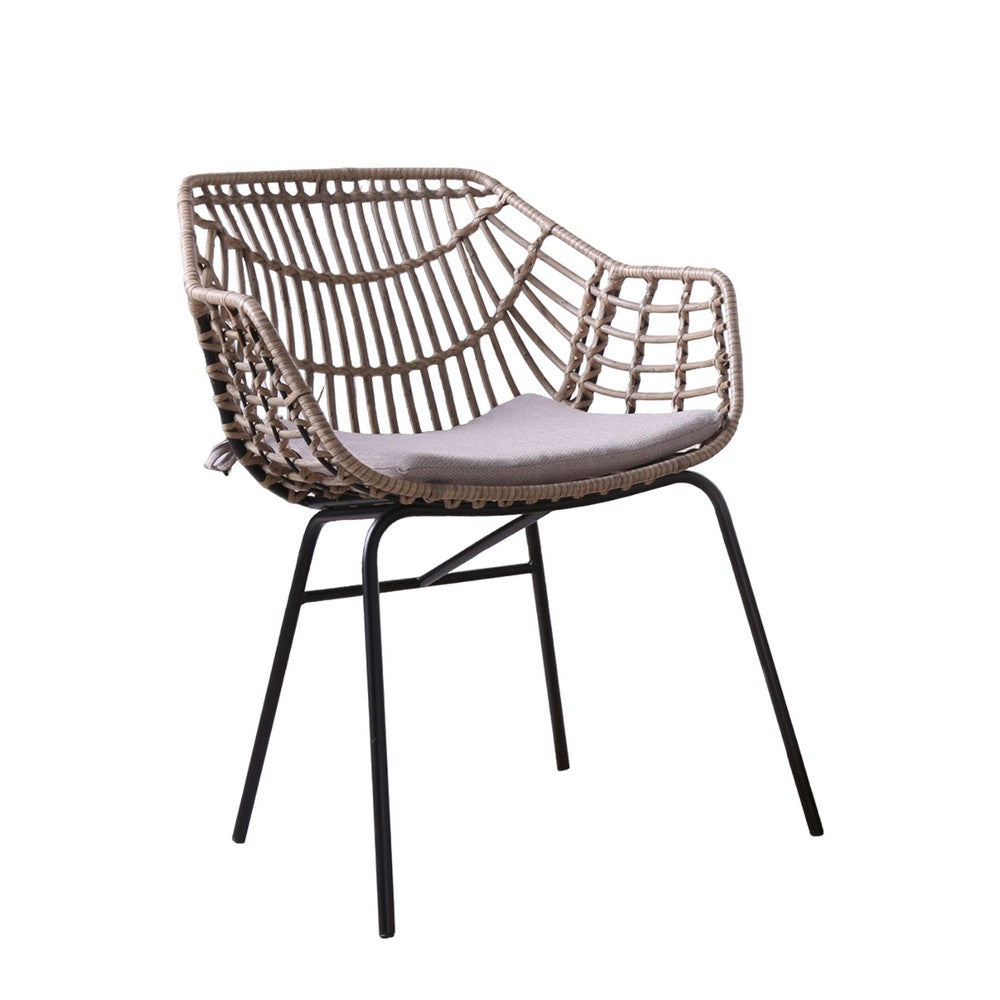 Benjara Zyan 3pc Outdoor Set, 2 Accent Chairs with Table, Black Steel, Gray, Rattan