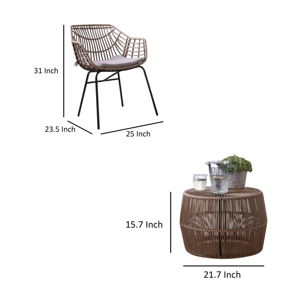 Benjara Zyan 3pc Outdoor Set, 2 Accent Chairs with Table, Black Steel, Gray, Rattan