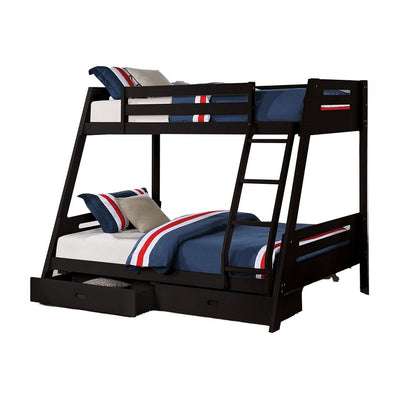 Benjara Emily Twin Over Full Bunk Bed with Ladder, 2 Drawers, Black Solid Wood