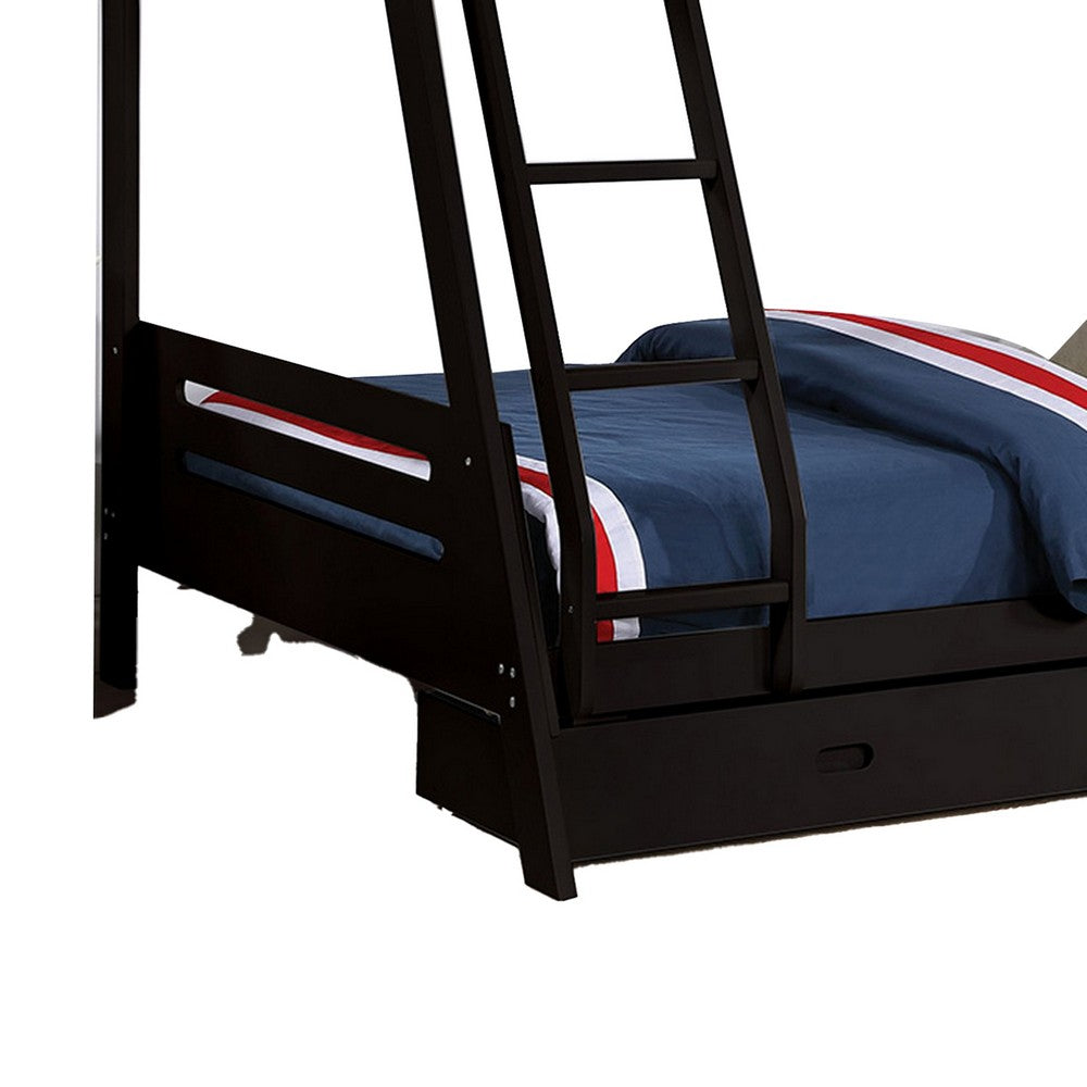 Benjara Emily Twin Over Full Bunk Bed with Ladder, 2 Drawers, Black Solid Wood