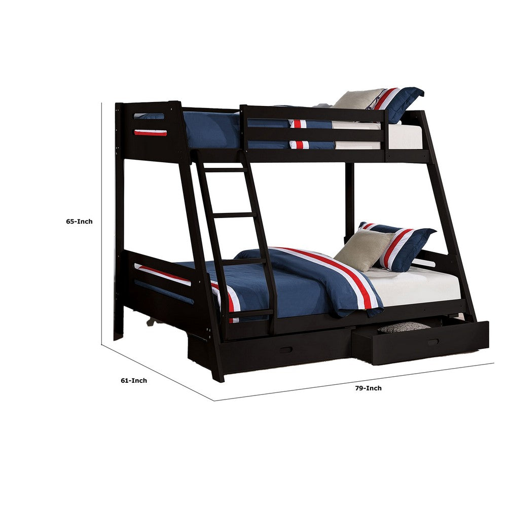 Benjara Emily Twin Over Full Bunk Bed with Ladder, 2 Drawers, Black Solid Wood