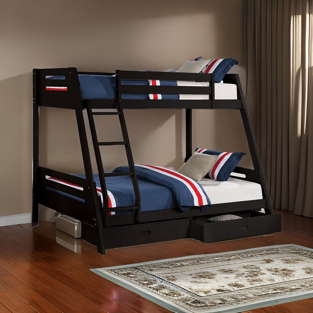 Benjara Emily Twin Over Full Bunk Bed with Ladder, 2 Drawers, Black Solid Wood