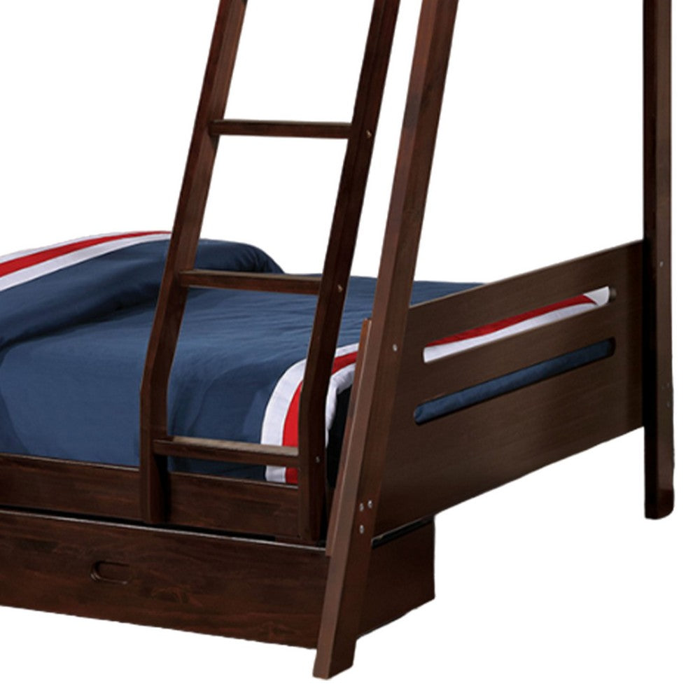 Benjara Emily Twin Over Full Bunk Bed with Ladder, 2 Drawers, Espresso Brown Wood