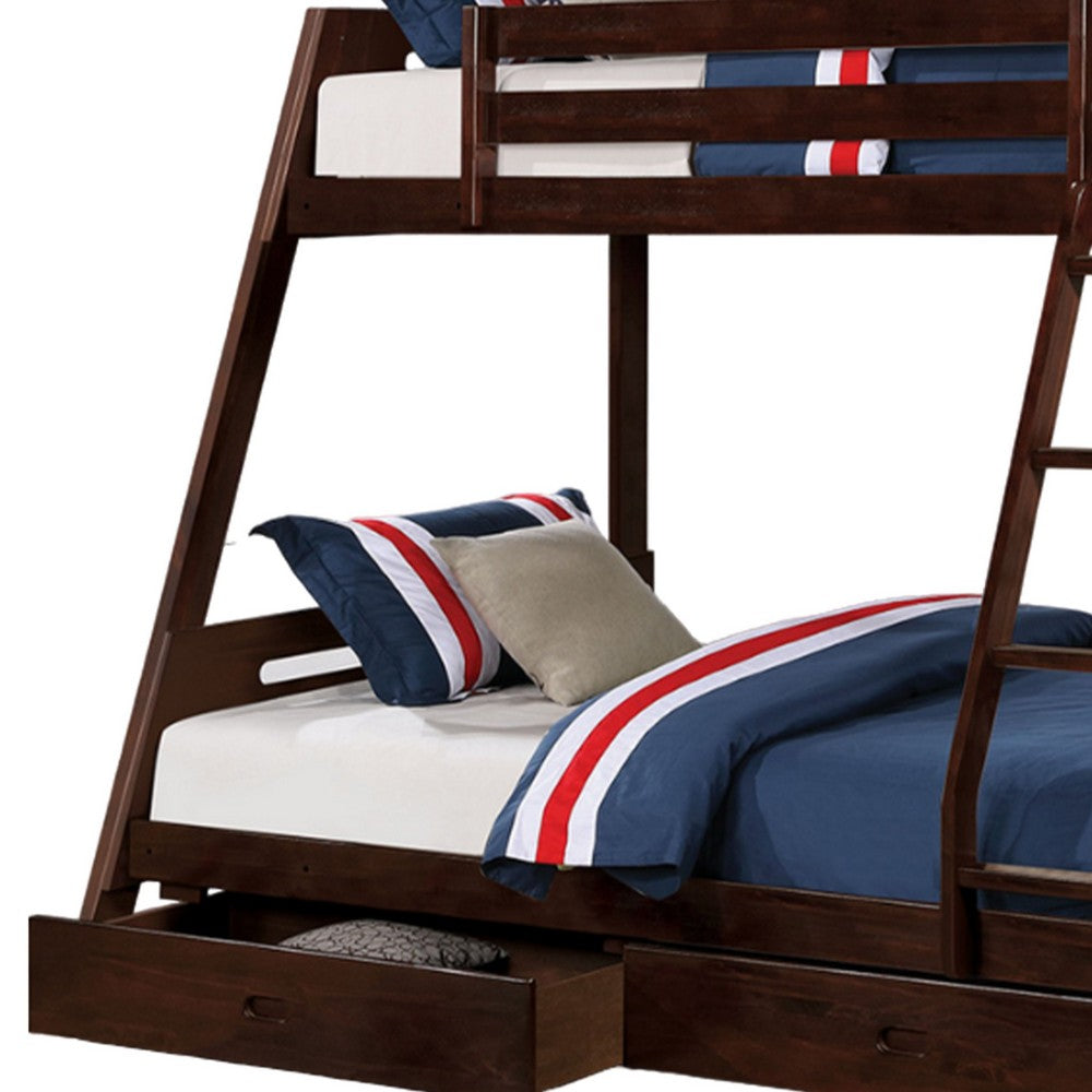 Benjara Emily Twin Over Full Bunk Bed with Ladder, 2 Drawers, Espresso Brown Wood