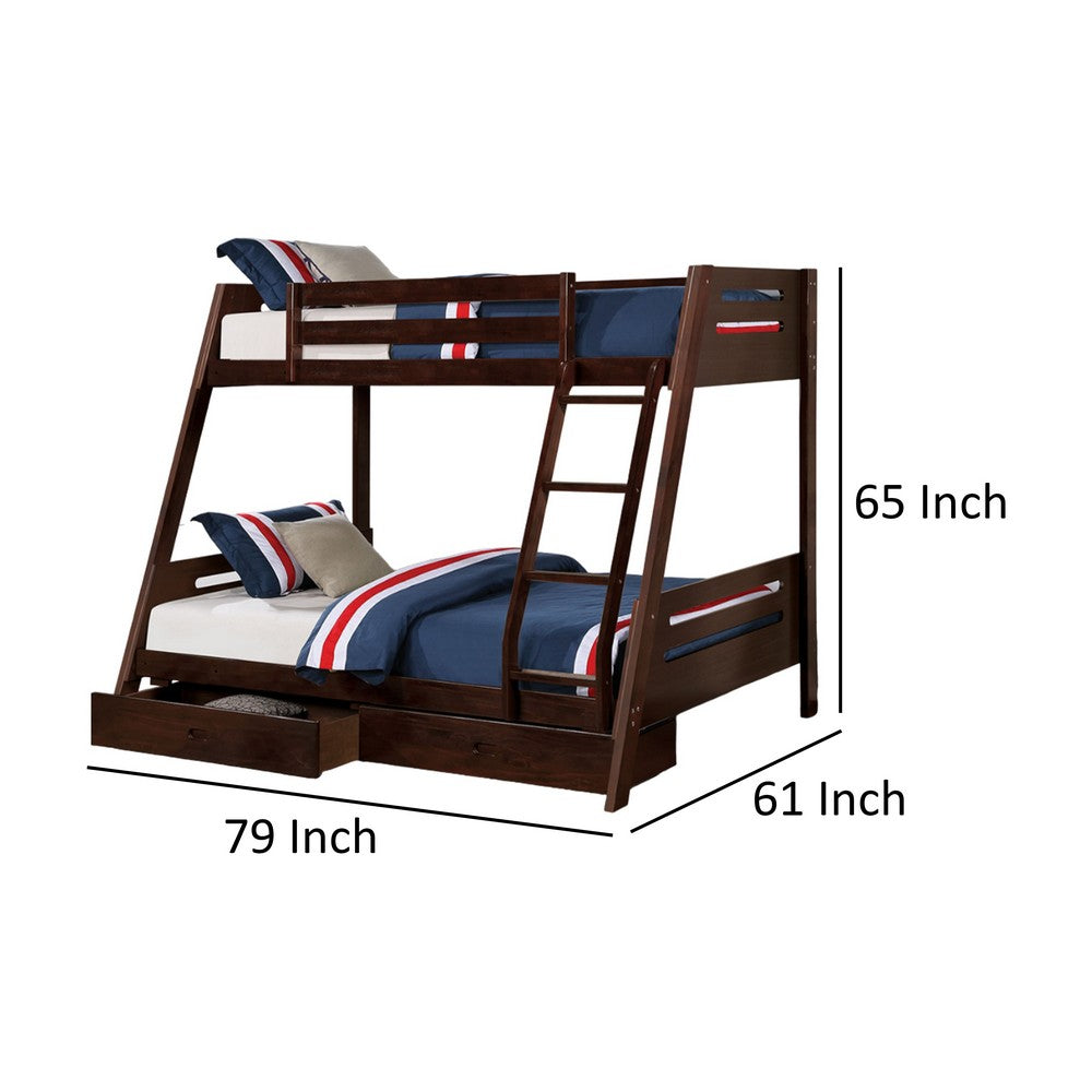 Benjara Emily Twin Over Full Bunk Bed with Ladder, 2 Drawers, Espresso Brown Wood