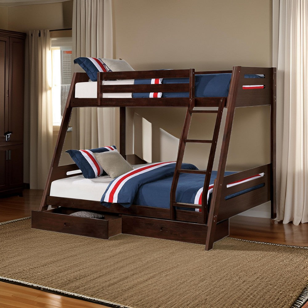 Benjara Emily Twin Over Full Bunk Bed with Ladder, 2 Drawers, Espresso Brown Wood