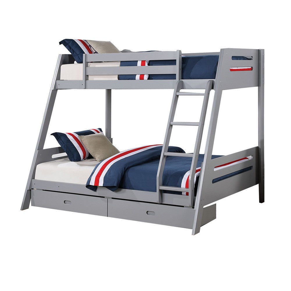 Benjara Emily Twin Over Full Bunk Bed with Ladder, 2 Drawers, Gray Solid Wood