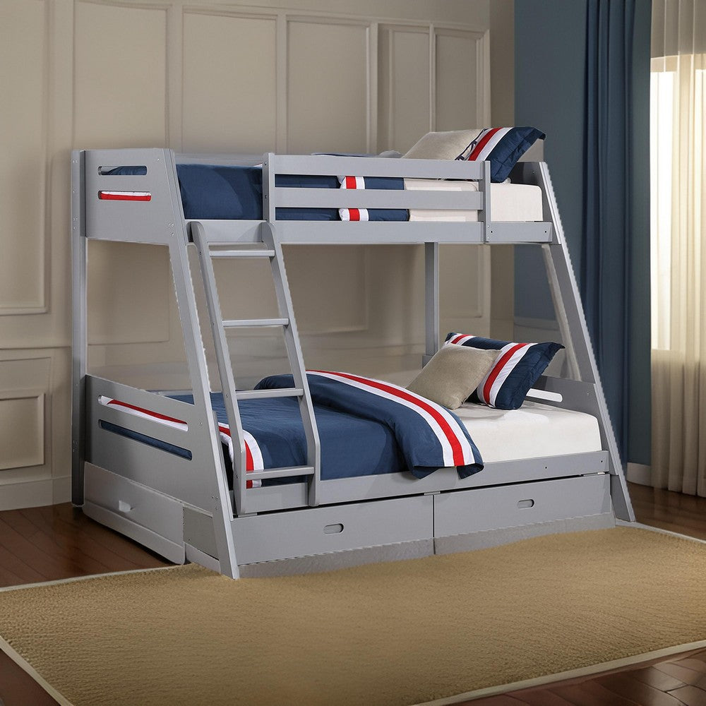Benjara Emily Twin Over Full Bunk Bed with Ladder, 2 Drawers, Gray Solid Wood