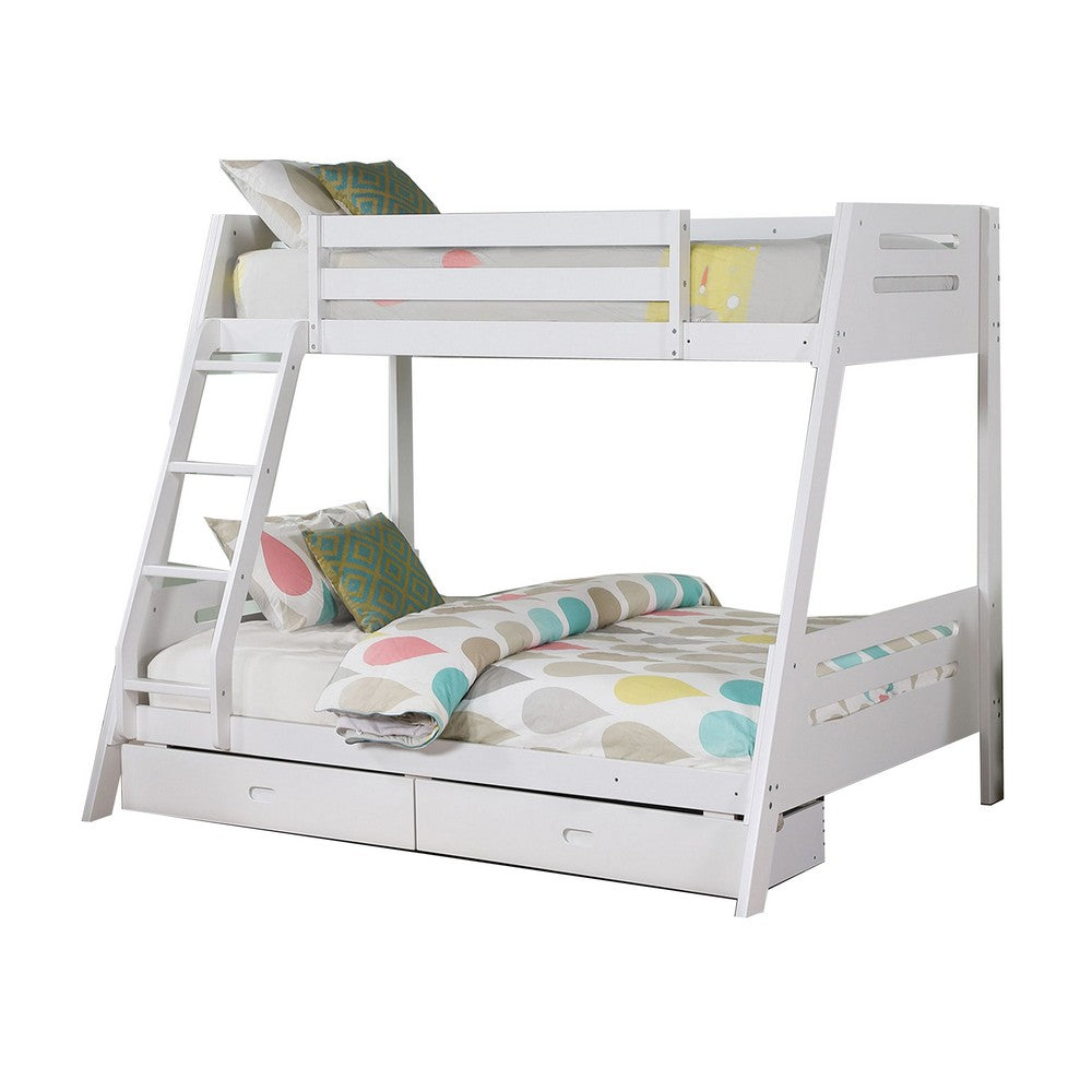 Benjara Emily Twin Over Full Bunk Bed with Ladder, 2 Drawers, White Solid Wood