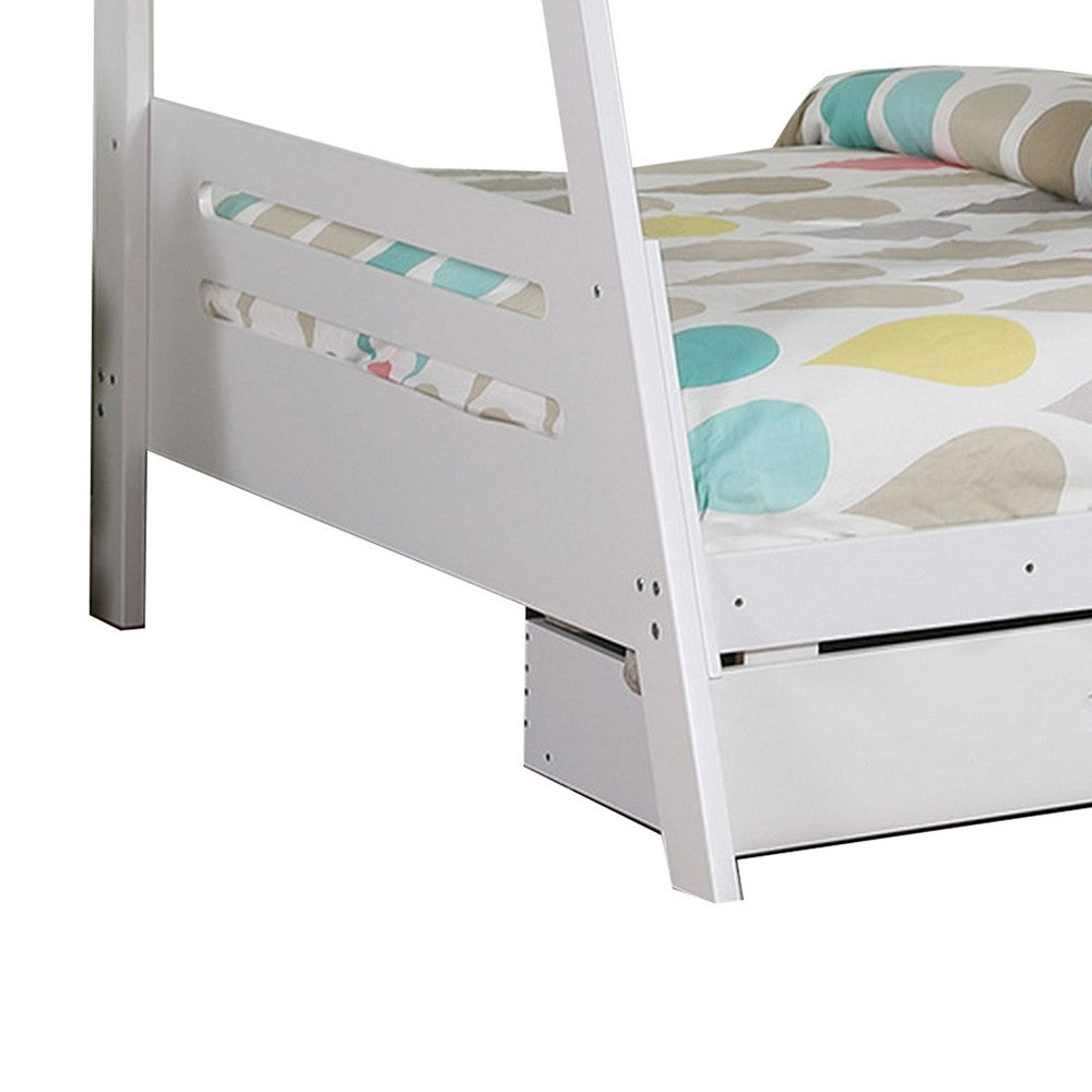 Benjara Emily Twin Over Full Bunk Bed with Ladder, 2 Drawers, White Solid Wood