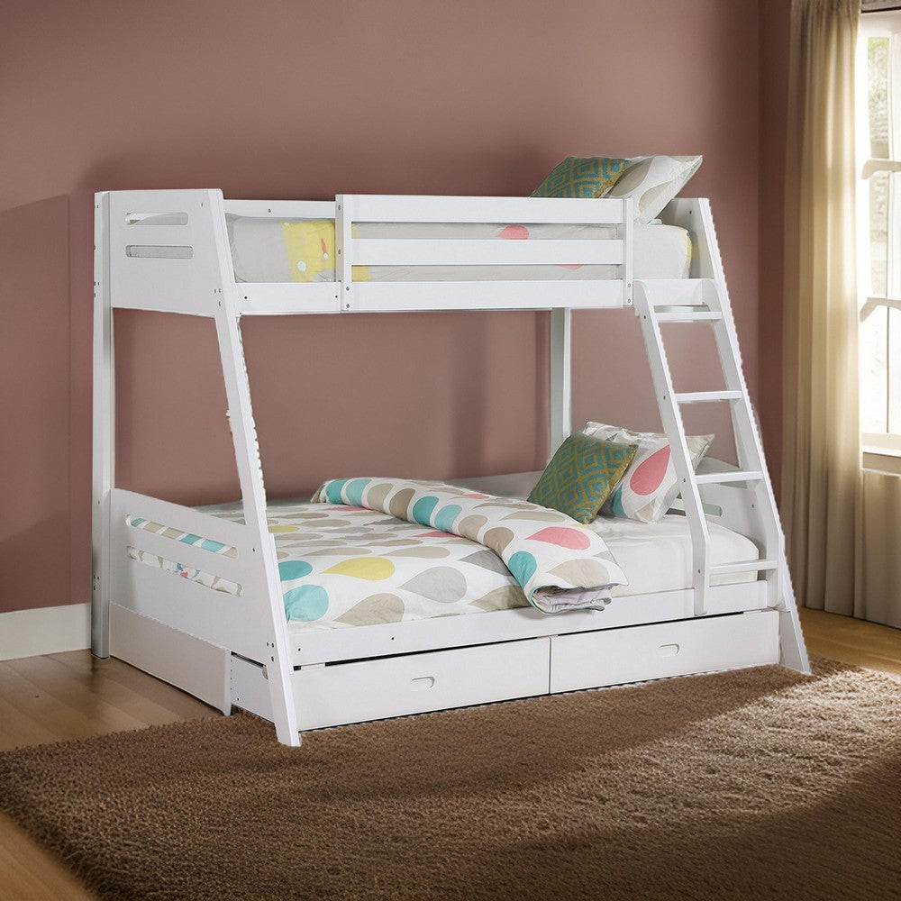 Benjara Emily Twin Over Full Bunk Bed with Ladder, 2 Drawers, White Solid Wood